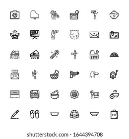 Editable 36 contour icons for web and mobile. Set of contour included icons line Hip flask, Bowl, Sphere, Sandals, Pencil, Graphic designer, Spiritual, Bowls on white background