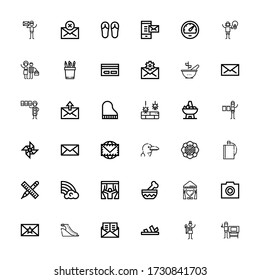 Editable 36 contour icons for web and mobile. Set of contour included icons line Graphic designer, Sandals, Mail, Envelope, Photo, Curtain, Bowl, Curtains on white background
