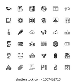 Editable 36 control icons for web and mobile. Set of control included icons line Metal detector, Thermometer, Robot arm, List, Hot dog, Robot, Drone, Traffic light on white background