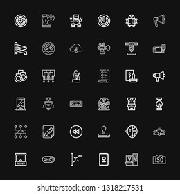 Editable 36 control icons for web and mobile. Set of control included icons line Iso, Robot arm, Passport, Switch, Switch on, Ticket office, Gauge, Robot, Stamp on black background