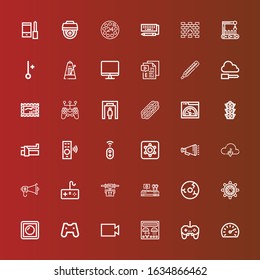 Editable 36 control icons for web and mobile. Set of control included icons line Speedometer, Gamepad, Control panel, Video, Dimmer, Helm, Wheel, Drone, Megaphone on red