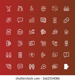 Editable 36 conversation icons for web and mobile. Set of conversation included icons line Mobile, Chat, Communication, Call, Hashtag, Communications, Talking, Trending topic on red