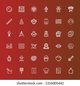 Editable 36 cook icons for web and mobile. Set of cook included icons line Cutting board, Recipe book, Chef, Bacon, Grill, Seasoning, Chopsticks, Bowl, Pot, Pizza, Cooker on red