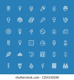 Editable 36 cookie icons for web and mobile. Set of cookie included icons line Ice cream, Cookie, Rice, Pastry, Cookies, Biscuit, Doughnut, Macaron, Stroopwafel on blue background