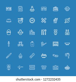 Editable 36 cooking icons for web and mobile. Set of cooking included icons line Pad thai, Bbq, Muffin, Bacon, Fried, Ketchup, Mixer, Bread, Salad, Marshmallow on blue background