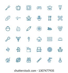 Editable 36 cooking icons for web and mobile. Set of cooking included icons line Burner, Noodles, Meat, Bread, Grill, Pot, Cupcake, Barbecue, Toaster, Food on white background