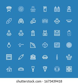 Editable 36 cooking icons for web and mobile. Set of cooking included icons line Extractor, Peking duck, Pizza slice, Spatula, Bread, Roast, Apron, Knife, Pie on blue background