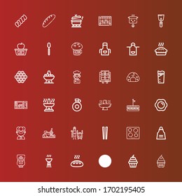 Editable 36 cooking icons for web and mobile. Set of cooking included icons line Cupcake, Eco oil, Bread, Bbq, Ketchup, Apron, Hob, Chopsticks, Tandoor, Cooking, Chef, Fried egg on red