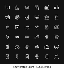 Editable 36 cool icons for web and mobile. Set of cool included icons line Glasses, Popsicle, Icecream, Soda, Freezer, Sun glasses, Like, Radio, Robot mask on black background