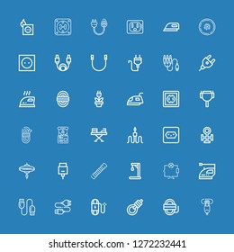 Editable 36 cord icons for web and mobile. Set of cord included icons line Hdmi port, Rope, Gallows, Wire, Usb cable, Iron, Wiring, Gallow, Hdmi, Cymbal, Copper on blue background
