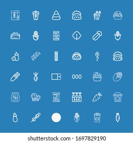 Editable 36 corn icons for web and mobile. Set of corn included icons line Radish, Popcorn, Corn, Vegetables, Aubergine, Farming, Snack, Seed bag, Nachos, Seeds on blue background