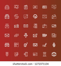 Editable 36 correspondence icons for web and mobile. Set of correspondence included icons line Envelope, Mailbox, Postcard, Email, Invitation, Postman, Write, Mail, News on red