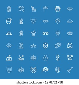 Editable 36 costume icons for web and mobile. Set of costume included icons line Balalaika, Mask, Eye mask, Superhero, Clown, Ghost, Circus, Masks, on blue background