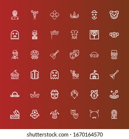 Editable 36 costume icons for web and mobile. Set of costume included icons line Eskimo, Devil mask, Mask, Clown, Cowboy hat, Headdress, Frankenstein, Bowler, Balalaika on red