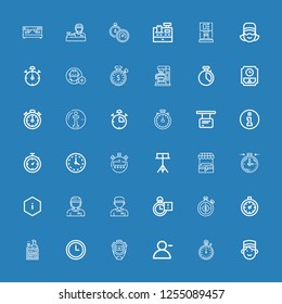 Editable 36 counter icons for web and mobile. Set of counter included icons line Concierge, Stopwatch, Follower, Wall clock, Clerk, Stopclock, Cashier, Information on blue background
