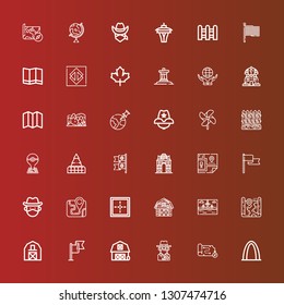 Editable 36 country icons for web and mobile. Set of country included icons line Gateway arch, Map, Cowboy, Barn, Flag, Landscape, Border, India gate, Flags, Fence, Windmill on red