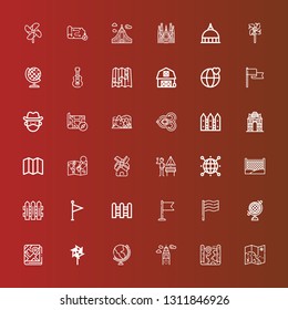 Editable 36 country icons for web and mobile. Set of country included icons line Map, Croatia, Globe, Windmill, Germany, Flag, Fence, Fences, World, German, India gate on red