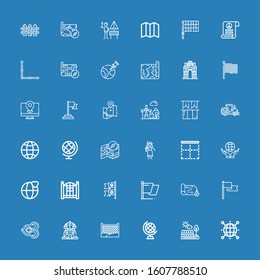 Editable 36 country icons for web and mobile. Set of country included icons line World, Fences, Earth globe, Fence, Sphinx, Thai, Flag, Map, Flags, Border, Cowgirl on blue background