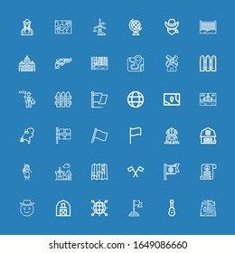 Editable 36 country icons for web and mobile. Set of country included icons line Map, Acoustic guitar, Flag, World, Barn, Cowboy, Pacifism, Windmill, Cowgirl on blue background