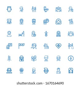 Editable 36 couple icons for web and mobile. Set of couple included icons line Girl, Woman, Boy, Grandfather, Restroom, Family, Couple, Wedding, Broken heart on white background