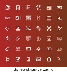 Editable 36 coupon icons for web and mobile. Set of coupon included icons line Scissors, Tag, Ticket, Price tag, Delivery cart, Coupon, Store, Certification, Cut, Discount on red
