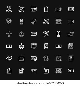 Editable 36 coupon icons for web and mobile. Set of coupon included icons line Ticket, Store, Offer, Tag, Label, Certificate, Online store, Shopping, Voucher on black background
