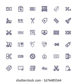 Editable 36 coupon icons for web and mobile. Set of coupon included icons line Shopping, Cut, Voucher, Ticket, Certification, Label, Discount, Tickets, Tag on white background