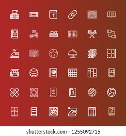 Editable 36 cover icons for web and mobile. Set of cover included icons line Book, Books, Iron, Ball, Bottle cap, Condoms, Plaster, Contact list, Roof, Border, Grate, Tray on red