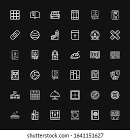 Editable 36 cover icons for web and mobile. Set of cover included icons line Book, Condoms, Mixer, Books, Balls, Bottle cap, Border, Tray, Library, Ball, Booking on black background