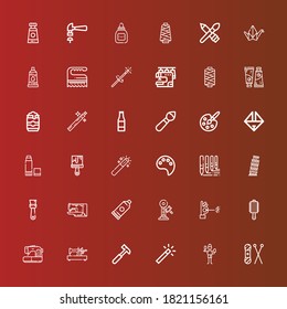 Editable 36 craft icons for web and mobile. Set of craft included icons line Knit, Brush, Magic wand, Hammer, Sewing machine, Wand, Glue, Pisa, Brushes, Paint palette, Paint brush on red