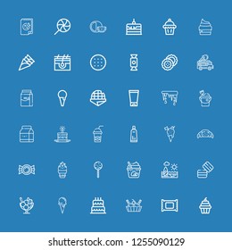 Editable 36 cream icons for web and mobile. Set of cream included icons line Cupcake, Makeup remover, Ice cream, Birthday cake, Ice cream cone, Macaron, Beach on blue background