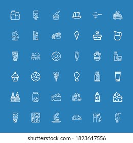 Editable 36 cream icons for web and mobile. Set of cream included icons line Milkshake, Nail clippers, Croissant, Fast food, Ice cream, Cheese, Sun Ice truck on blue background