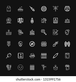 Editable 36 creative icons for web and mobile. Set of creative included icons line Thinking, Idea, Film director, Crayons, Smart, Hair dryer, Magic book, Rolling pin on black background