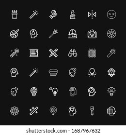 Editable 36 creativity icons for web and mobile. Set of creativity included icons line Intellectual, Brush, Mind, Idea, Wand, Development, Imagination, Bird house on black background