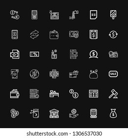 Editable 36 credit icons for web and mobile. Set of credit included icons line Money, Cash register, Bank, Coin, Auction, Rate, Coins, Cash machine, Budget on black background