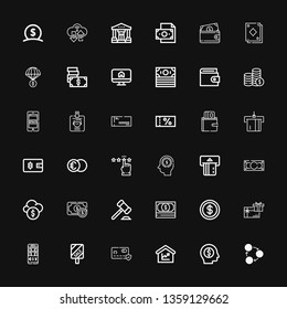 Editable 36 credit icons for web and mobile. Set of credit included icons line Exchange, Money, Amount, Card, Sale, Wallet, Gift card, Coin, Auction, Funds on black background
