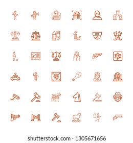Editable 36 crime icons for web and mobile. Set of crime included icons line Cctv, Terror, Trojan, Auction hammer, Police line, Gun, Heisenberg, Law, Detective on white background