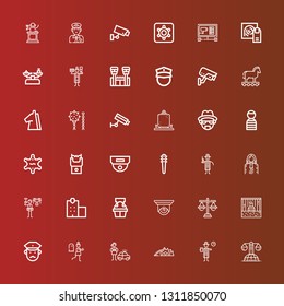 Editable 36 crime icons for web and mobile. Set of crime included icons line Law, Detective, Knuckle, Terror, Policeman, Prisoner, Justice, Cctv, Witness, Police station on red