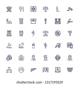 Editable 36 crime icons for web and mobile. Set of crime included icons line Surveillance, Auction, Cctv, Revolver, Bullets, Police, Heisenberg, Judge, Policeman on white background