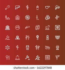 Editable 36 crime icons for web and mobile. Set of crime included icons line Detective, Prisoner, Auction, Auction hammer, Weapon, Mafia, Knuckle, Stun gun, Sheriff, Surveillance on red