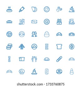 Editable 36 iconos croissant para web y móvil. El conjunto de cruasanes incluye íconos de la línea Candy, Donut, Baguettes, Pudding, Muffin, Croissant, Baguette, Tostada, Pan sobre fondo blanco