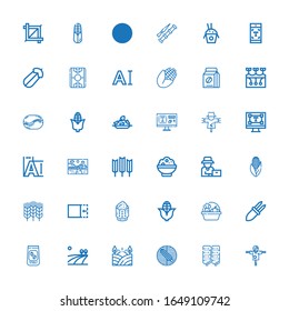 36 iconos de recorte editables para web y móvil. Conjunto de iconos de línea de recorte, incluidos: Corn, maíz, campo, judías de café, cosecha, arroz, cultivo, trigo, granjero, granja, tipografía sobre fondo blanco