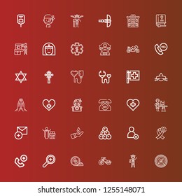 Editable 36 cross icons for web and mobile. Set of cross included icons line Radar, Pirate, Motorbike, Weight plates, Add, Emergency call, Blood donation, Cancel, Round shot on red