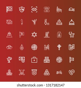 Editable 36 cross icons for web and mobile. Set of cross included icons line Emergency call, Motorcycle, Round shot, Jolly roger, Skull, Cemetery, Christian, Radar, Hospital on red