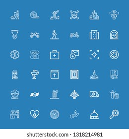 Editable 36 cross icons for web and mobile. Set of cross included icons line Add, Vatican, Blood donation, Radar, Hospital, Veterinarian, Priest, Red cross on blue background