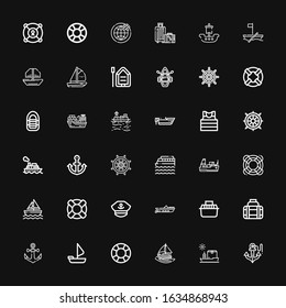 Editable 36 cruise icons for web and mobile. Set of cruise included icons line Anchor, Ship, Sailing boat, Lifesaver, Transport, Boat, Captain, Sailboat, Cargo ship on black background