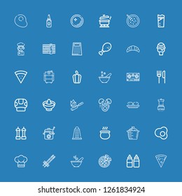 Editable 36 cuisine icons for web and mobile. Set of cuisine included icons line Pizza, Sauces, Bowl, Chopsticks, Chef, Egg, Pot, Grater, Salt, Croquette, Flambe on blue background