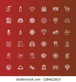 Editable 36 cuisine icons for web and mobile. Set of cuisine included icons line Mushroom, Stove, Tuber, Zongzi, Dinner, Jiaozi, Pepper, Chinese food, Pizza, Take away on red