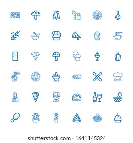 Editable 36 cuisine icons for web and mobile. Set of cuisine included icons line Burger, Pad thai, Pizza, Pot, Soup, Chicken leg, Bowl, Wine, Taco, Chef, Pizza slice on white background