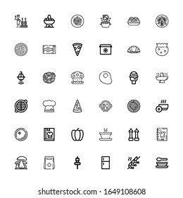 Editable 36 cuisine icons for web and mobile. Set of cuisine included icons line Soup, Shrimp, Fridge, Skewer, Take away, Mushrooms, Recipe book, Salt, Pepper on white background